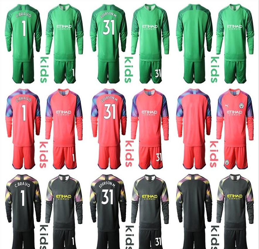 

2020 Long Sleeve Kid Youth Ederson Moraes Goalkeeper Jerseys Kids Soccer Sets #31 Ederson M. #1 C. Bravo Boy Kit Children Uniform, Colour 1