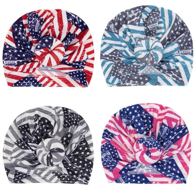 

4th of July print Infant Baby Girls Hat Bow Knot Caps Turban Cotton Cap Fashion USA Flag Cap Baby Turban Top Knot Hat, C4 hot pink blue