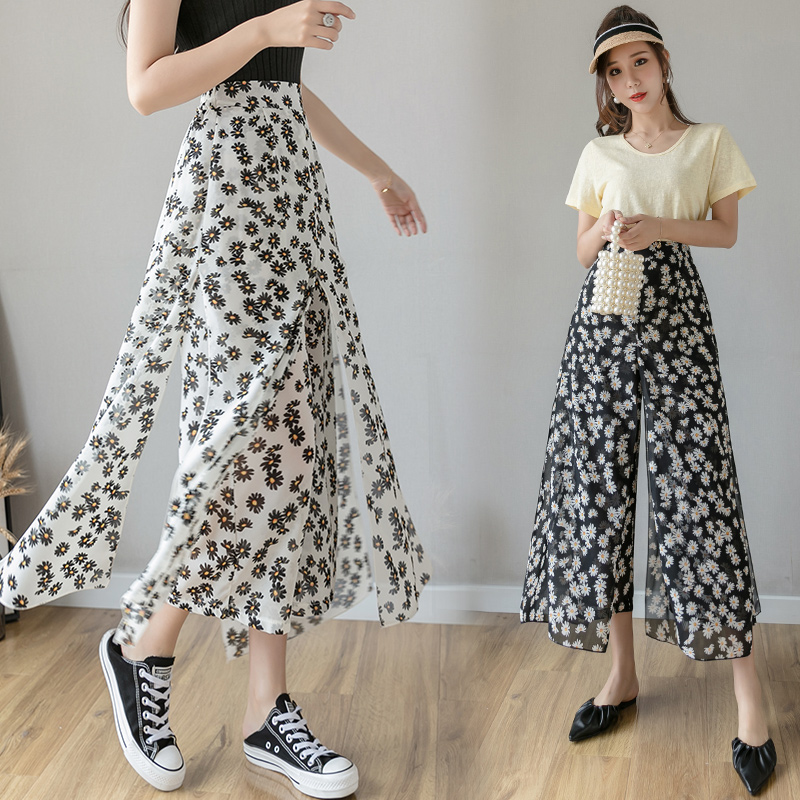 

High Waist Loose Straight Splicing Split Strap Wide Leg Skirt Style Flower Boho Chiffon Pant Women Korean Summer Ankle Trouser, Black