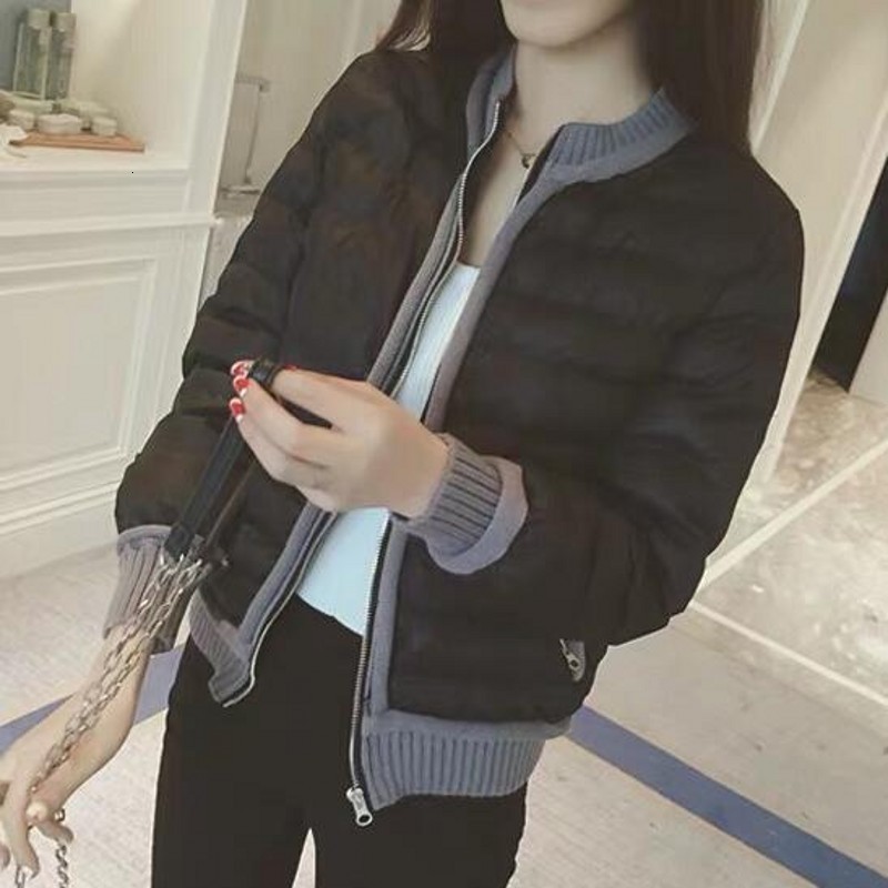 

Korean Fashion Autumn Winter Rib Patchwork Womens Parkas Casual Long Sleeve Stand Collar Zipper Female Outerwear Coats Plus Size, Black