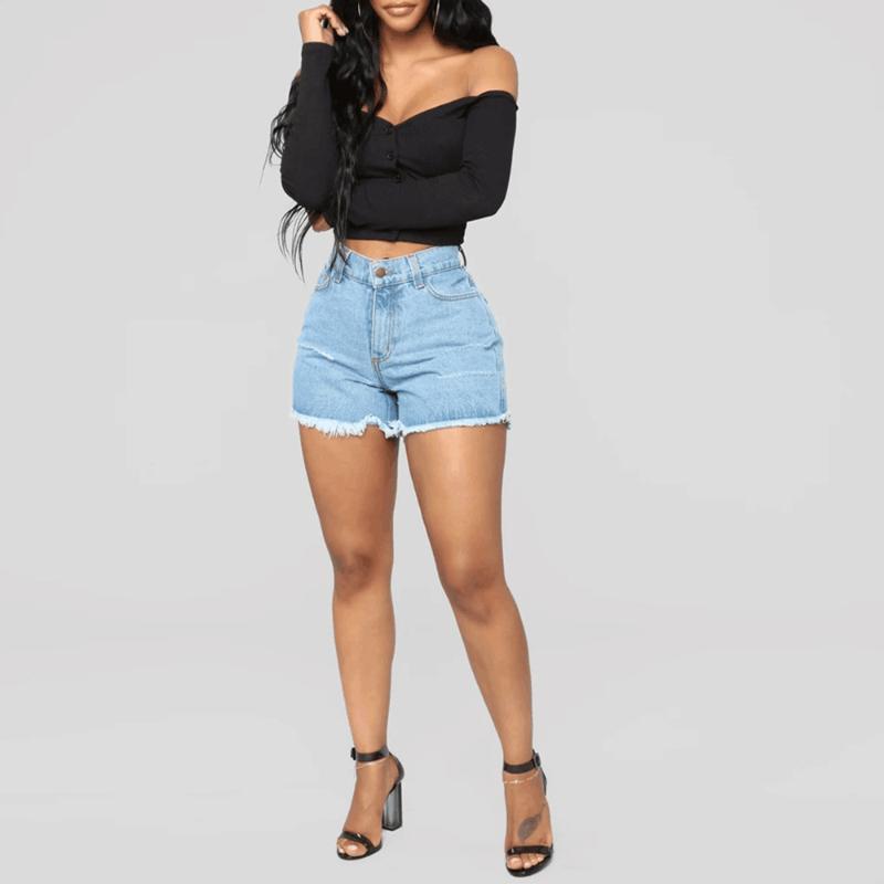 

Women' Cotton Jeans Female Fashion Summer Cool Woman Casual Denim Shorts High Waists Light Blue Loose Fit Sexy Short Pants D30