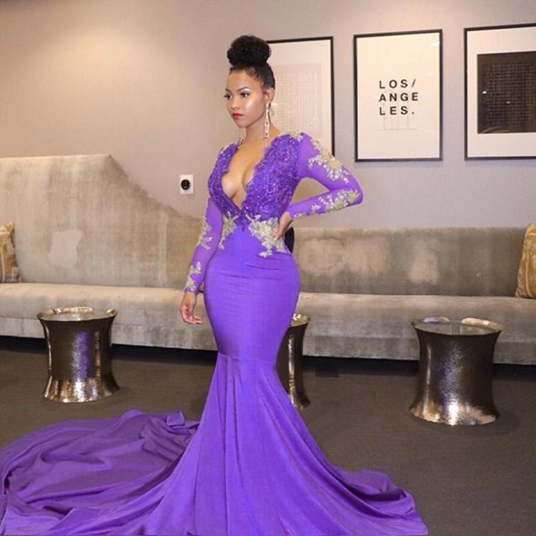 

Africa Light Purple Long Prom Dresses 2020 Sexy Deep V-neck Beaded Lace Top Long Sleeve Mermaid Black Girl Party Dress Evening Gowns, Fuchsia