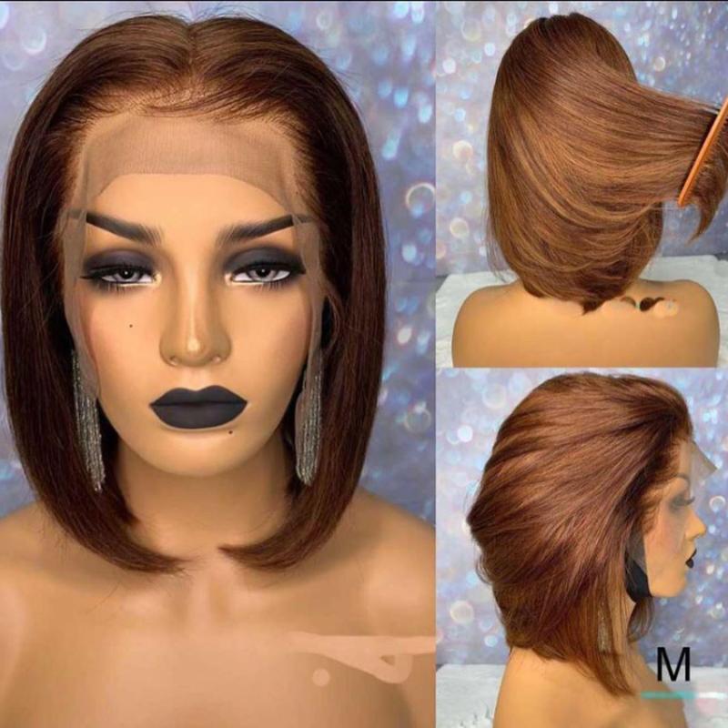

Malaysia Medium Chestnut Brown Short Bob Full Lace Wigs 150Density 4x4 Silk Base Lace Front Human Hair Wigs for Black Women, Black;brown
