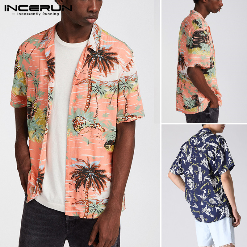 

INCERUN Men Printed Shirts Short Sleeve Lapel Loose Shirt Hawaiian Holiday Beach Blouse Casual Breathable Tops Streetwear -3XL7, Pink