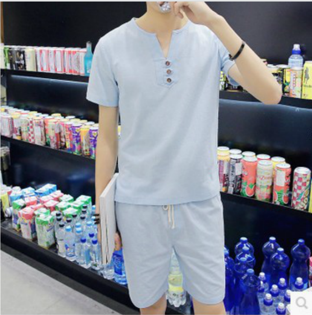 

Summer men's linen casual short-sleeved T-shirt suit three-button buckle Chinese style men's loose t-shirt Two-piece set, White-tz-1