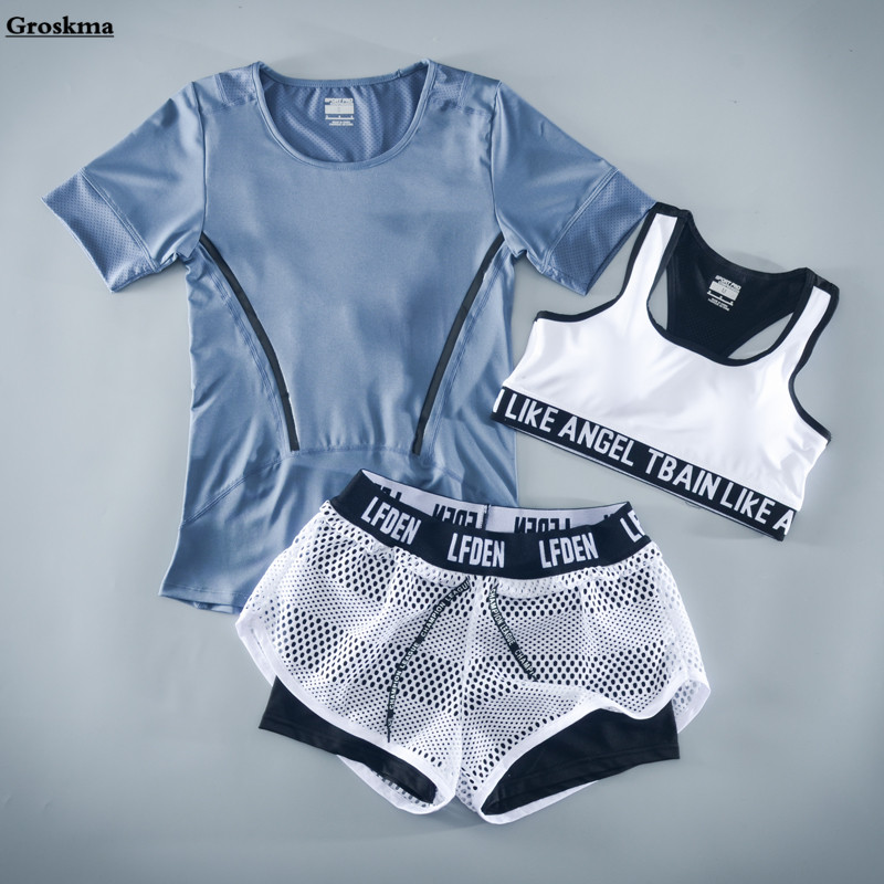 

Newest women yoga three piece set quick dry t shirt+bra+mesh shorts fitness gym workout sportswear clothing summer running suit, 2 piece set g