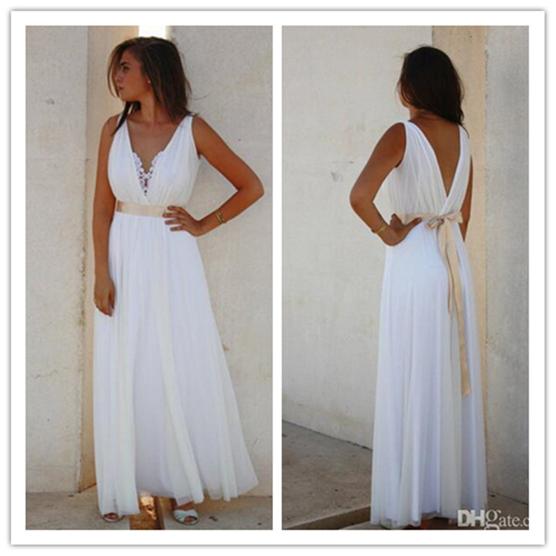 2020 Summer Casual Beach Wedding Dresses Deep V Neck Ribbon Sash Chiffon Long Sheath Bridal Gowns Custom Size Vestidos De Noiva