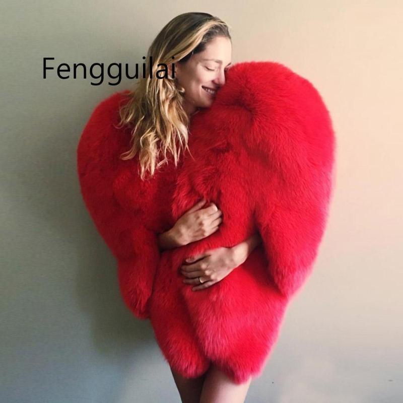 

Stylish 3D Red Heart Shaped Cape Faux Fur Thick Warm Celebrity Women Long Hairy Shaggy Coat Jacket Outerwear Winter Top, White
