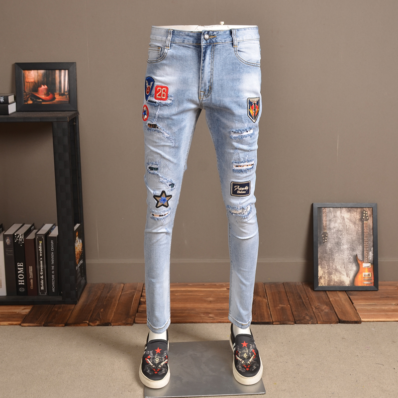 

Fashion Men Jeans Ripped Patch Badge Embroidery Streetwear Slim Fit Stretch Light Blue Jean
