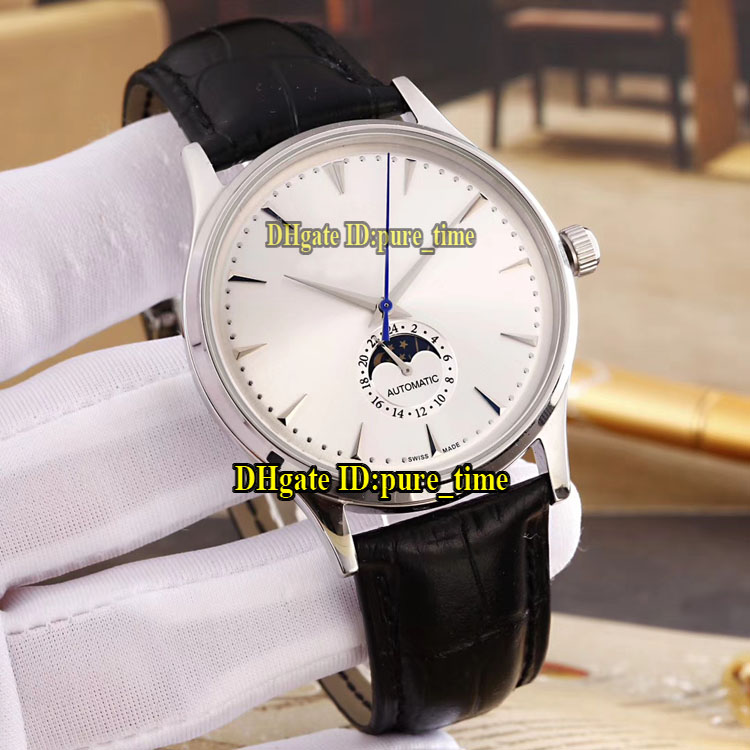 

Cheap New Master Ultra Thin 1368420 White Dial Moon Phase Automatic Silver Steel Case Mens Watch Leather Strap Folding Buckle Sport Watches, J-c01c