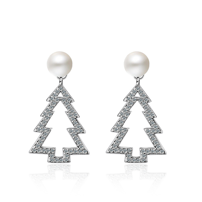 

Trendy Christmas Tree Imitation Pearl Crystal 925 Sterling Silver Lady Stud Earrings Jewelry Women Gift Promotion