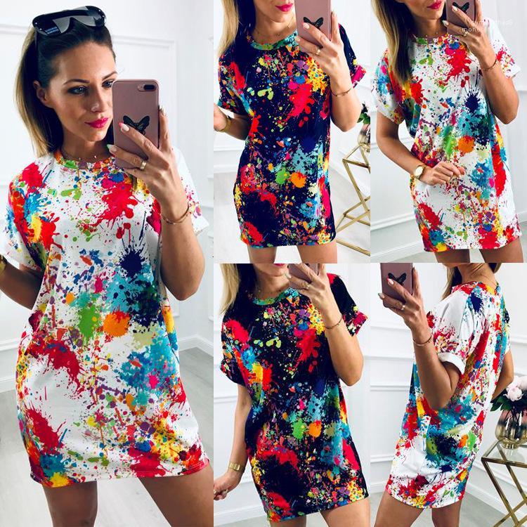 

Summer Casual Short Sleeved Cotton Tshirt Dresses Women Tie Dyed Dress, Navy blue