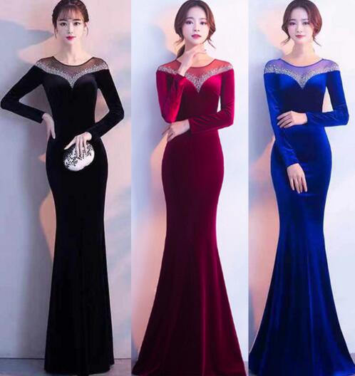 

Autumn and winter Korean long-sleeved velvet banquet sexy slim dress, Black
