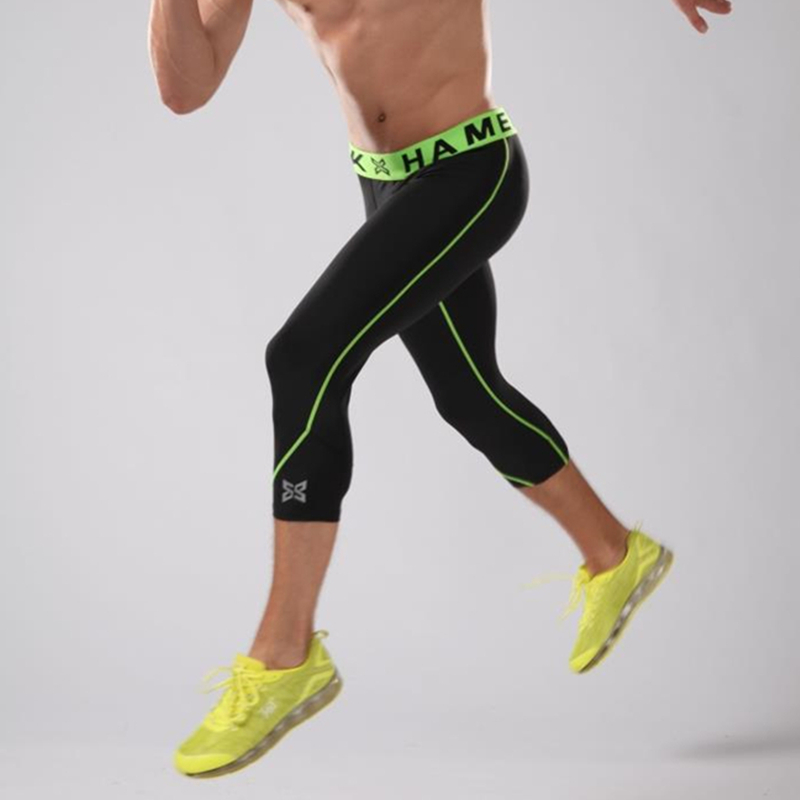 

New Elastic Compression Running Pants Men' 3/4 Basketball Legging Pants Sports Jogging Gym Tights Fitness Yoga Running XL, Black orange