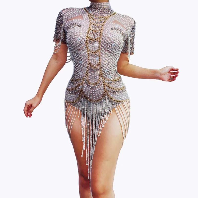 

2020 Female Nightclub Singer Costume Pearl Rhinestone Bodysuit Sexy Stage Costumes DJ DS Bar Nightclub Festival Outfits DQS3919, As picture