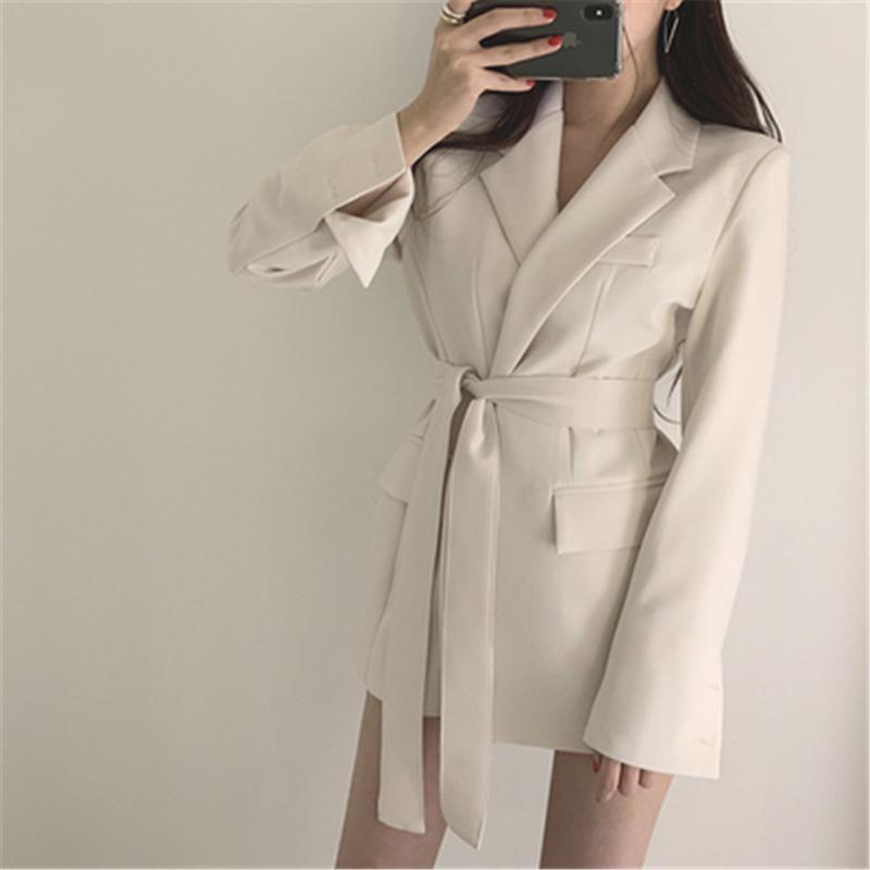 

New Korean Fashion 2020 Autumn Winter Women Jackets Office Ladies Lace up Notched Formal Outwear Elegant White Black Tops ZY4868