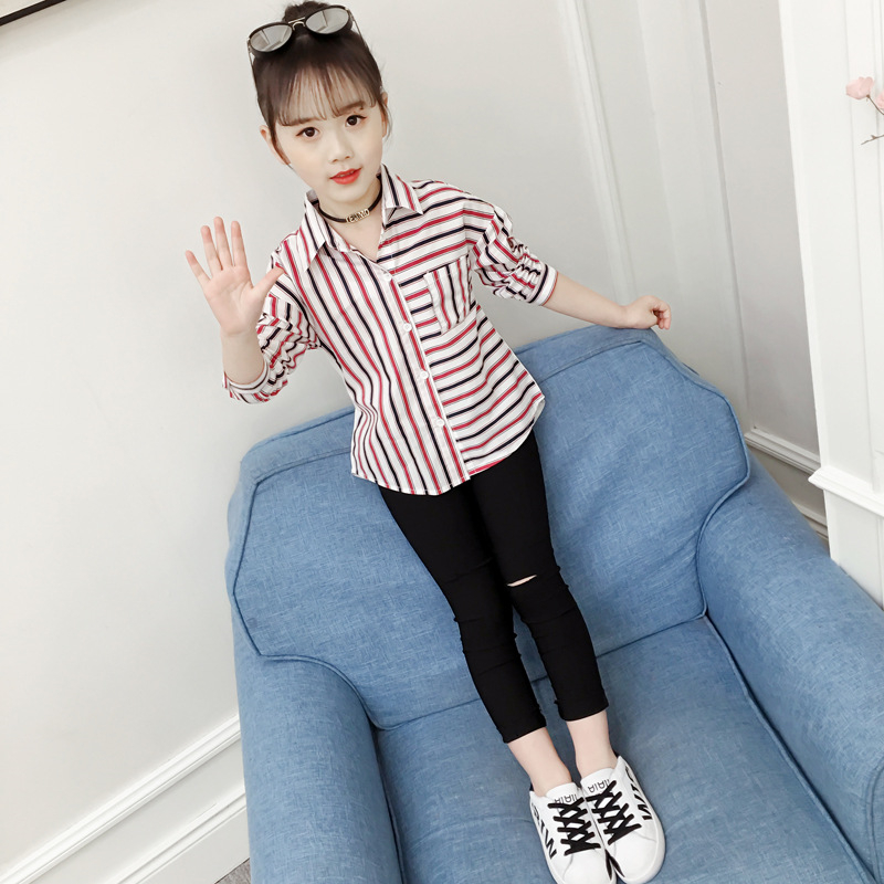 

Fashion Girls striped shirt spring autumn new children long sleeve baby cotton Leisure letter Slim top, Blue