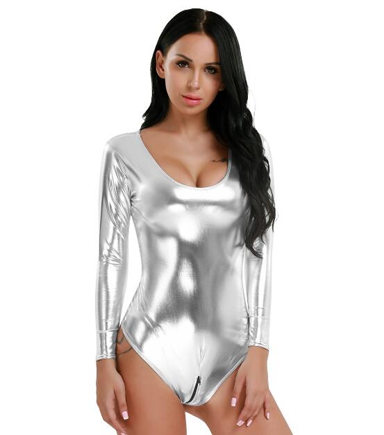 

Sexy Women shiny metallic Wetlook Clubwear Thong Leotard Bodysuit Zipper Open Crotch Eye-catching Lingerie Dancewear Parties Bodycon, Blue