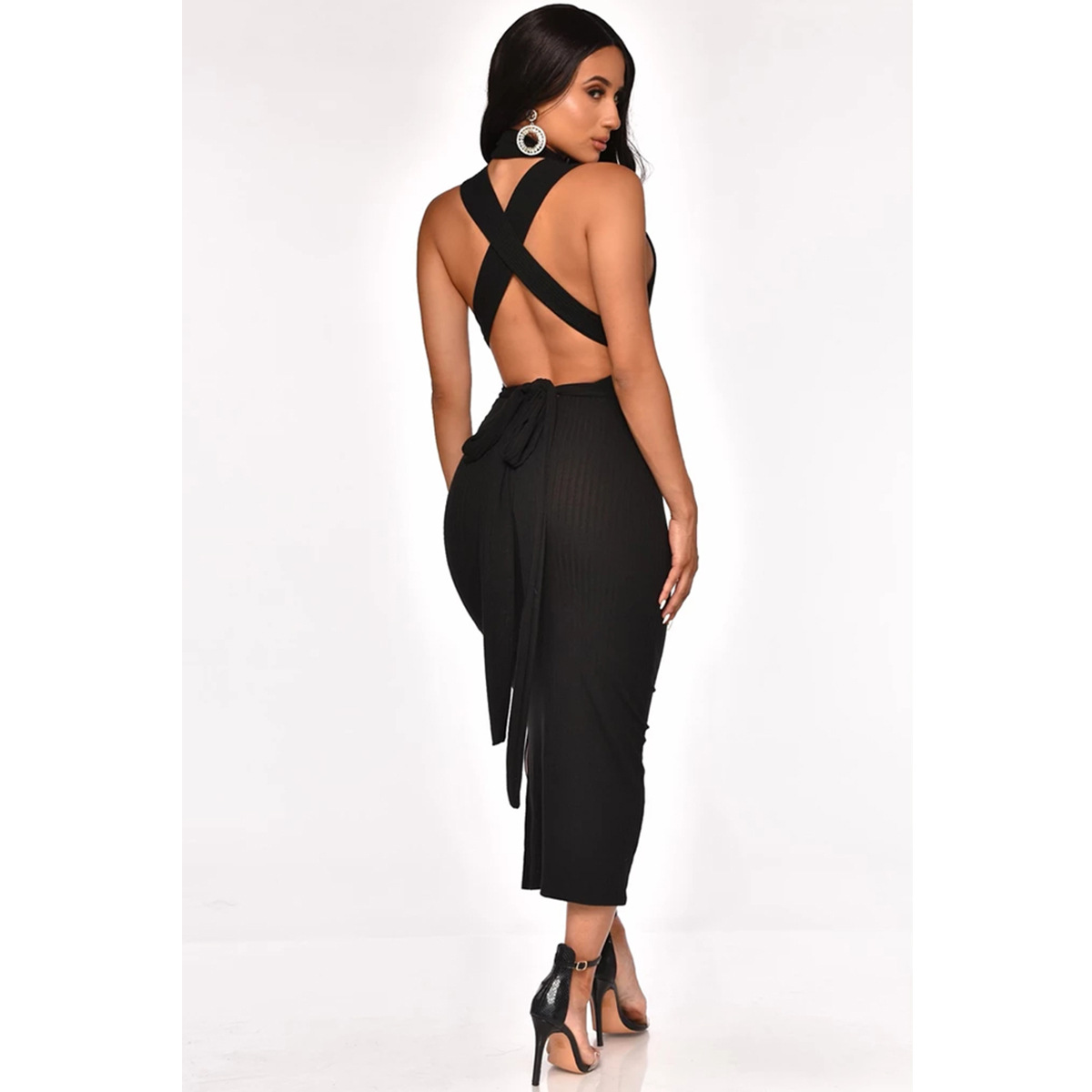 New Sexy European and American Womens Solid Color Backless One-Step Dress-image-553740155