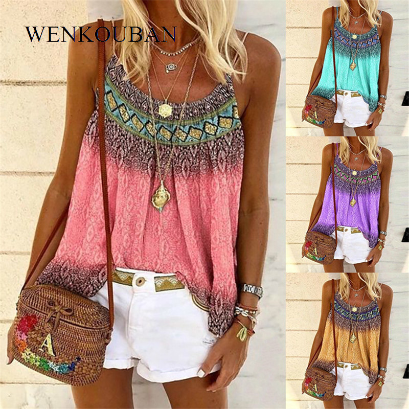 

5XL Large Size Loose Beach T shirt Female 2020 Summer Boho Print Tops Casual Women T shirts Sexy Spaghetti Strap Tank Tee shirts, Yellow