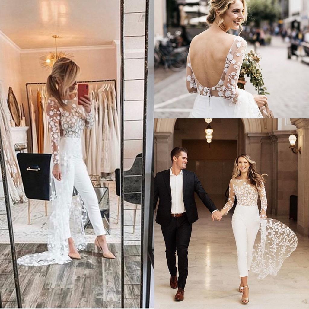 Été à manches longues combinaison de mariage avec train 2020 dos nu bohème dentelle florale Western Country robe de mariée avec pantalon costume