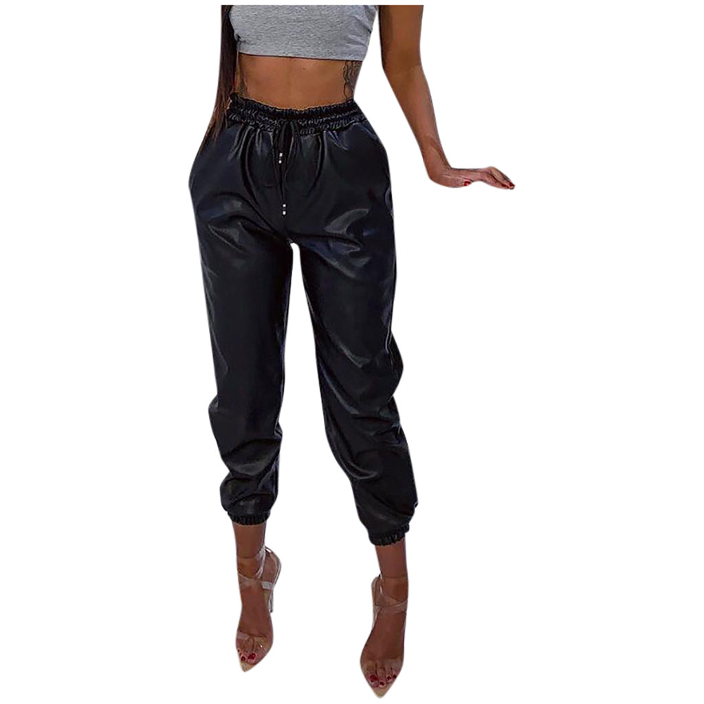 

Articat 2019 New PU Leather Women Harem Pants Casual High Waist Elastic Faux Leather Trousers For Women Autumn Pants Streetwear, Black