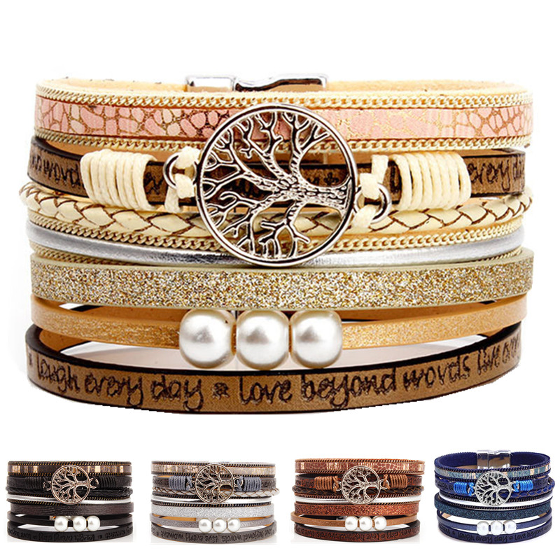

Boho Multilayer Tree of Life Leather Wide Cuff Handmade Wristbands Wrist Braided Magnetic Buckle Casual Pearl Bangle Bracelet for Women Girl
