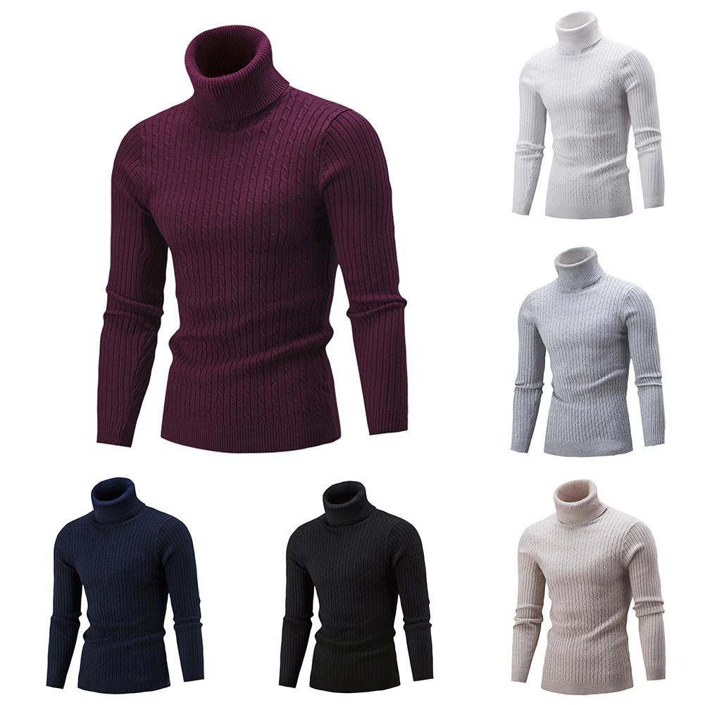 

2020 Winter Sweaters for Men Solid Color Turtle Neck Ribbed Twist Sweater Pullovers Turtleneck Male Sweaters Men's Clothing, Beige