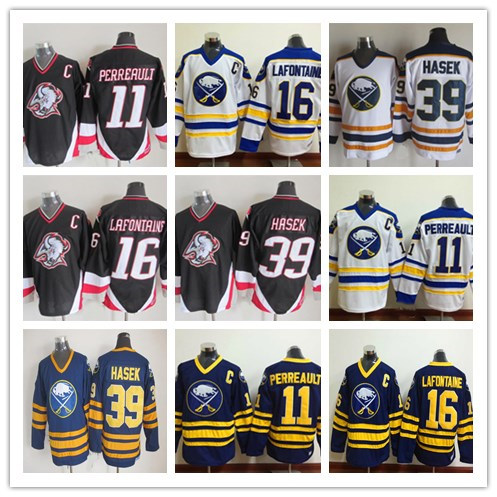 

1992 Vintage Buffalo Sabres Ice Hockey 16 Pat LaFontaine 11 Gilbert Perreault 39 Dominic Hasek Retro Stitched Jerseys Black White Blue, Yellow