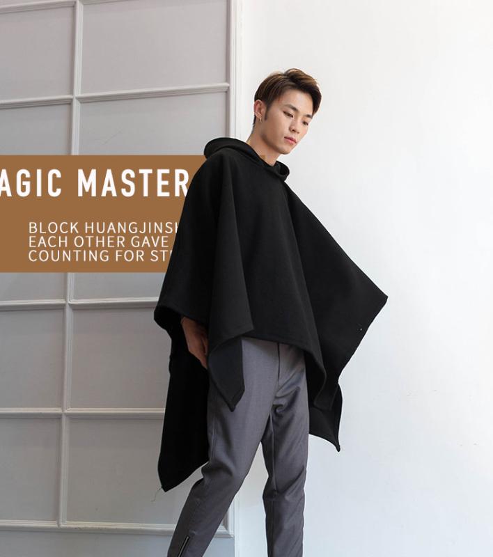 

Men's Wool & Blends Front Short Back Long Hoodie Man Cape Coat Winter Fur Black Fashion Mid-length