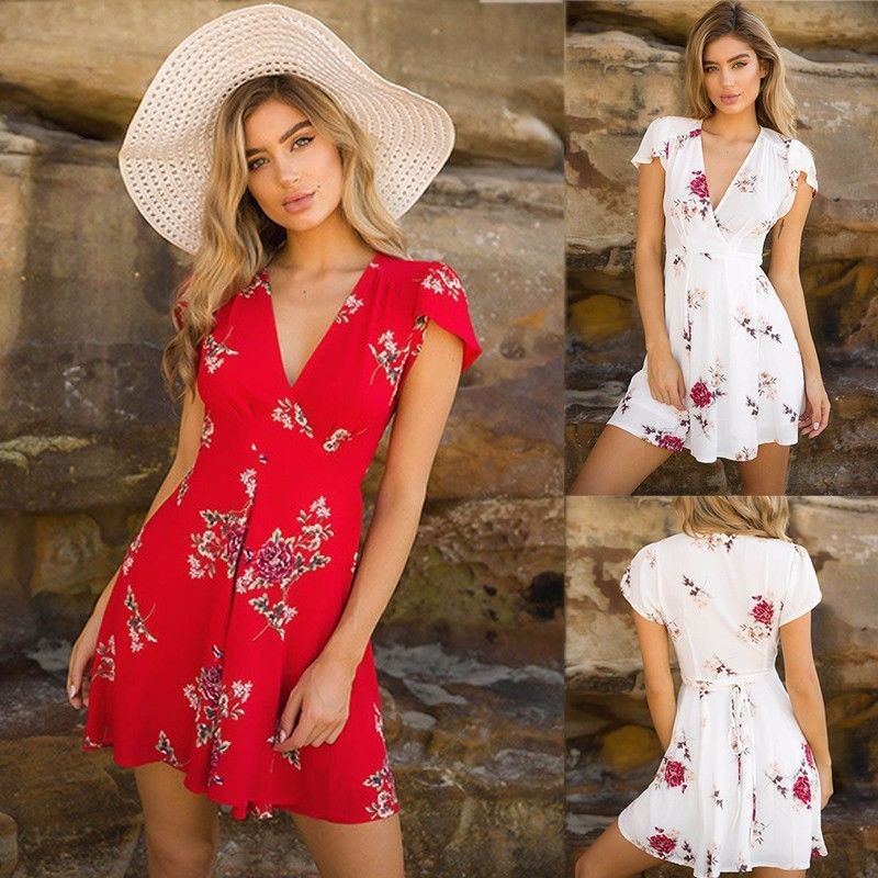 

Summer Women Short Sleeve Dress Casual Party Evening Short Dress Deep V-neck Mini Dresses for Women Ladies Sexy Clothing, Red