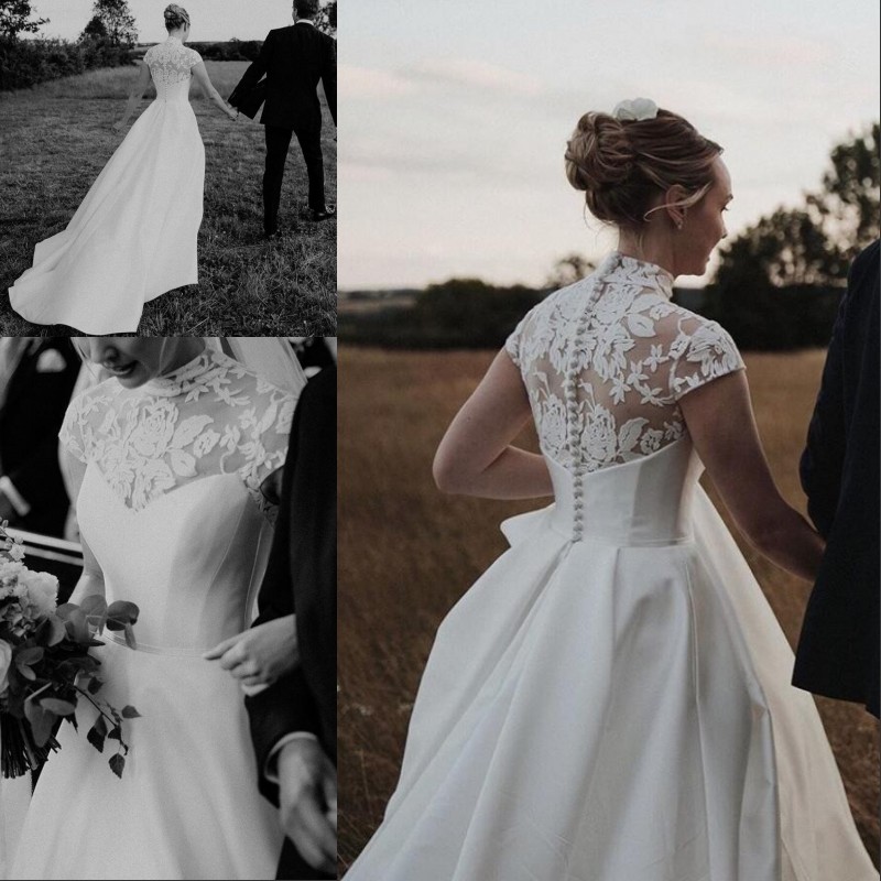 

2020 Elegant Cap Sleeve High Neck Lace Bridal Wedding Dresses Covered Button Satin Long Wedding Gowns Plus Size robes de mariée, Pink