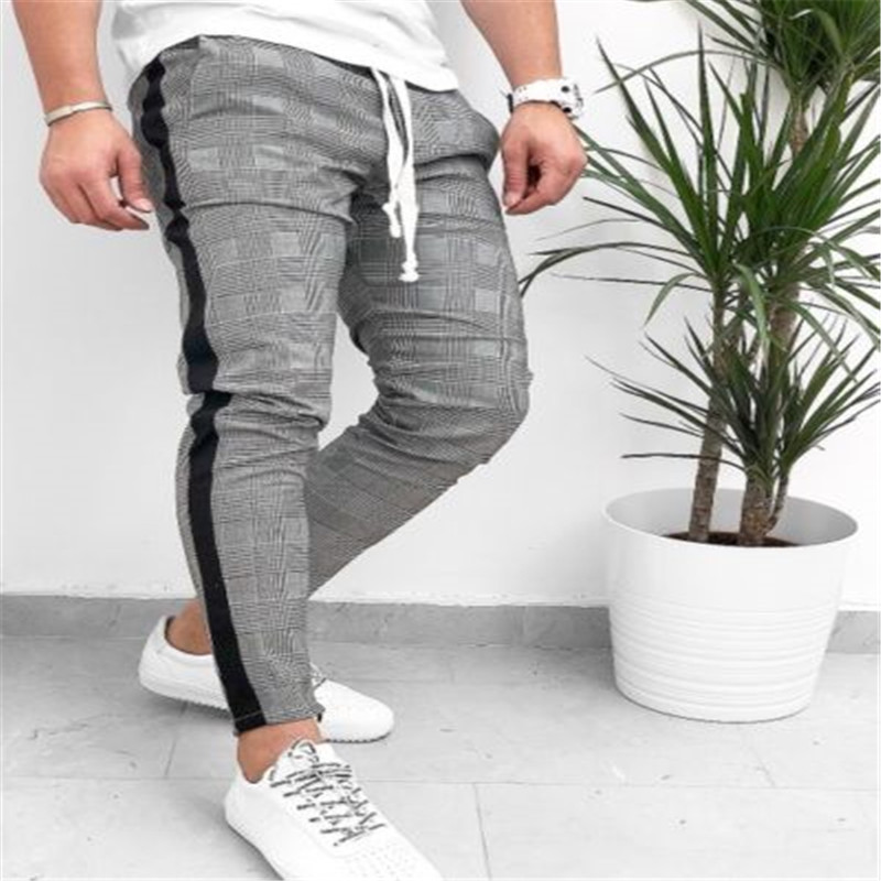 

Fashion Trendy Men Trousers Side Stripe Check Tracksuit Bottoms Skinny Sweat Plaid Pant Fitness Drawstring Elastic Waist Pants, Gray plaid