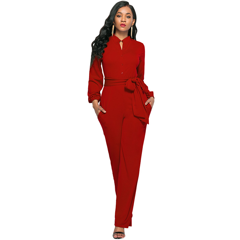 

Women Wide-leg Jumpsuit With Pocket Elegant Long Sleeve Waist Belt Button Party Romper Autumn Ladies Jumpsuit Plus Size 3XL, Blue