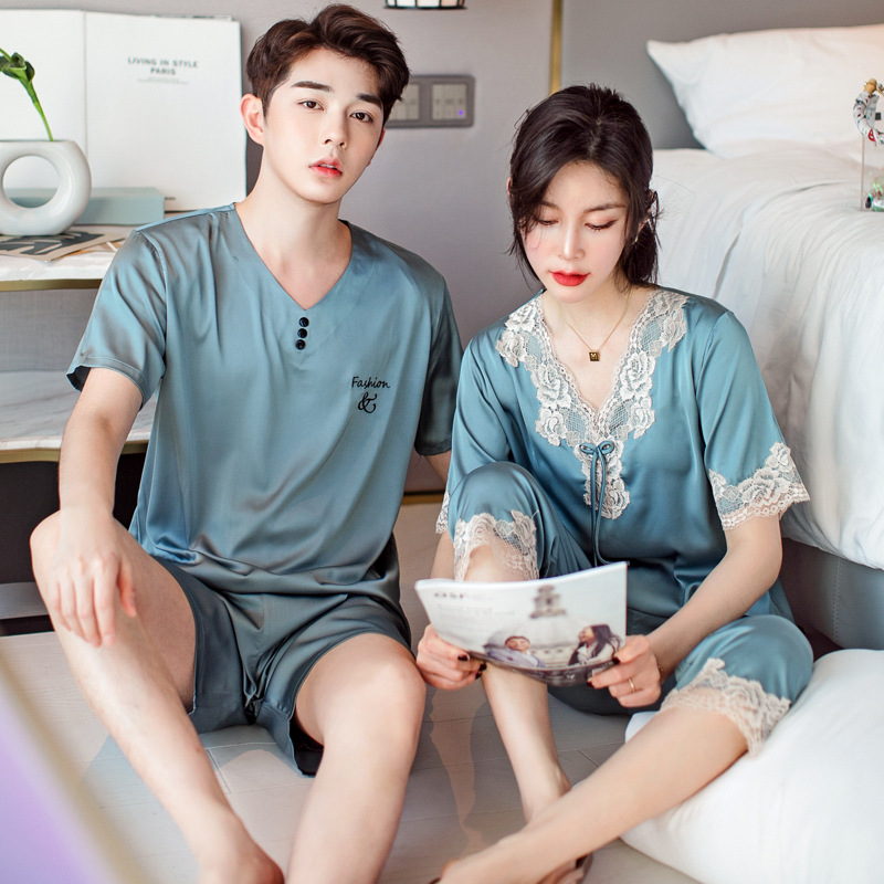 

Silk Pajama Sets Sleepwear Suits Short Couples Pyjamas Male Satin Men's Pajamas Casual Sleepwear Men's Summer