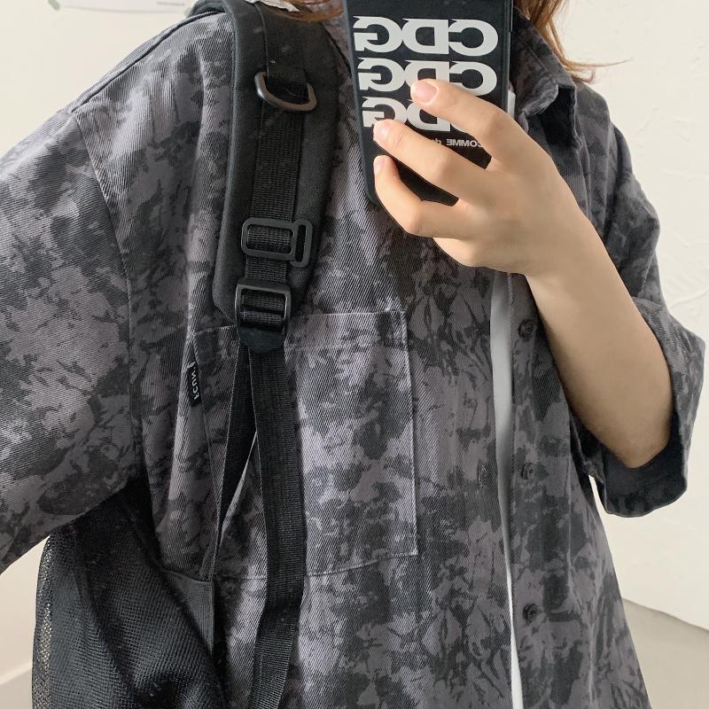 

Original Tie Dye Shirts for Korean Designer Button Up Shirt Mens Summer Short Sleeve Blouse Oversized Couple Streetwear Cotton, Gray