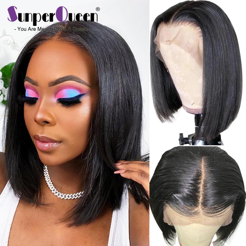 

Sunper Queen Short Bob Brazilian Wigs Straight 180% Density 13*4 Lace Front Human Hair Wigs Pre Plucked Lace, As pic