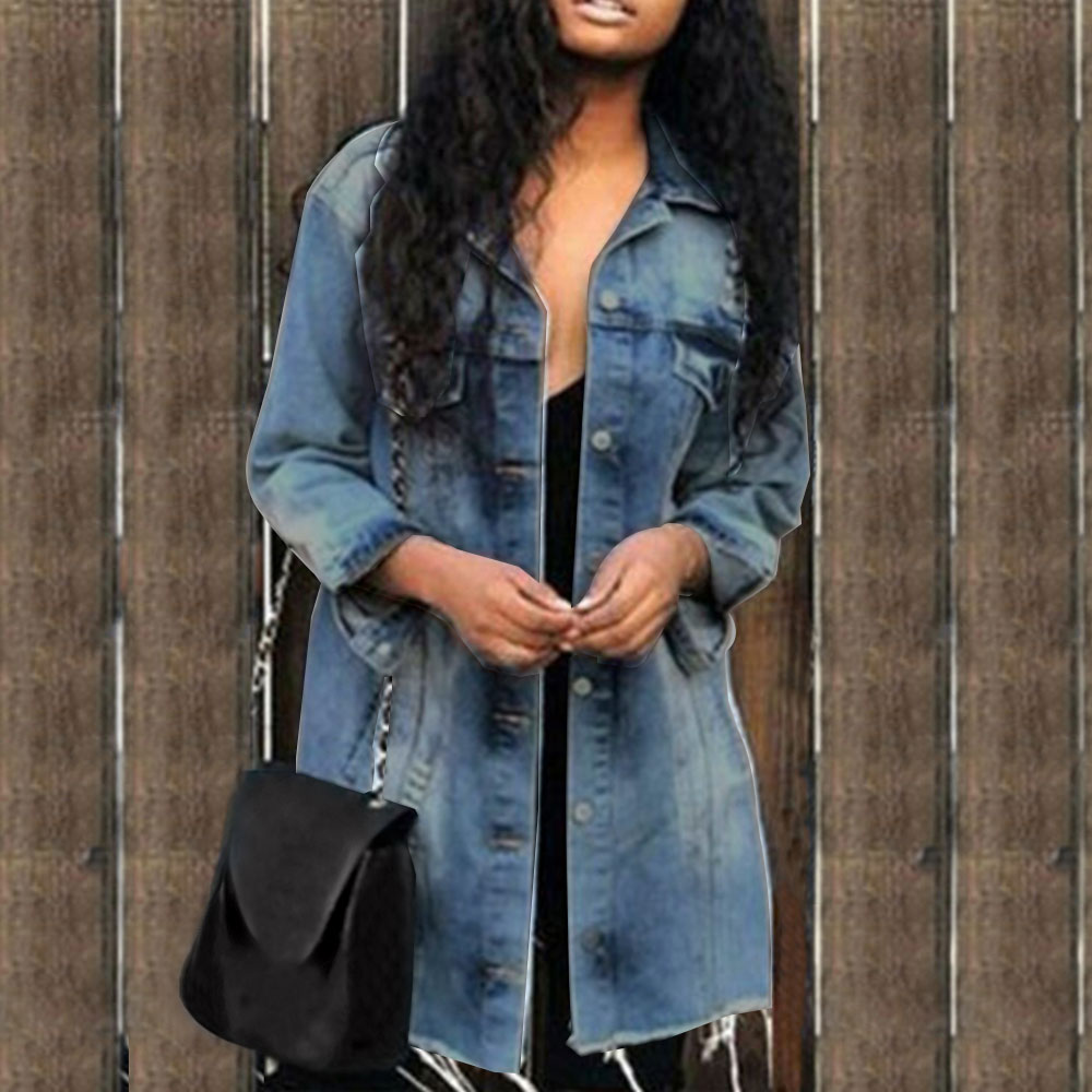 

2019 New Jacket Fashion Button Hole Patch Women Denim Jacket Pocket Loose Ripped Jeans Female Long Coat Streetwear, As pic