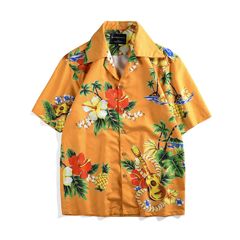 

2019 Flower Print Hawaiian Shirt Casual Beach Shirts For men Summer Open Stitch Short Sleeve cotton Shirts Tops chemise homme, Yellow