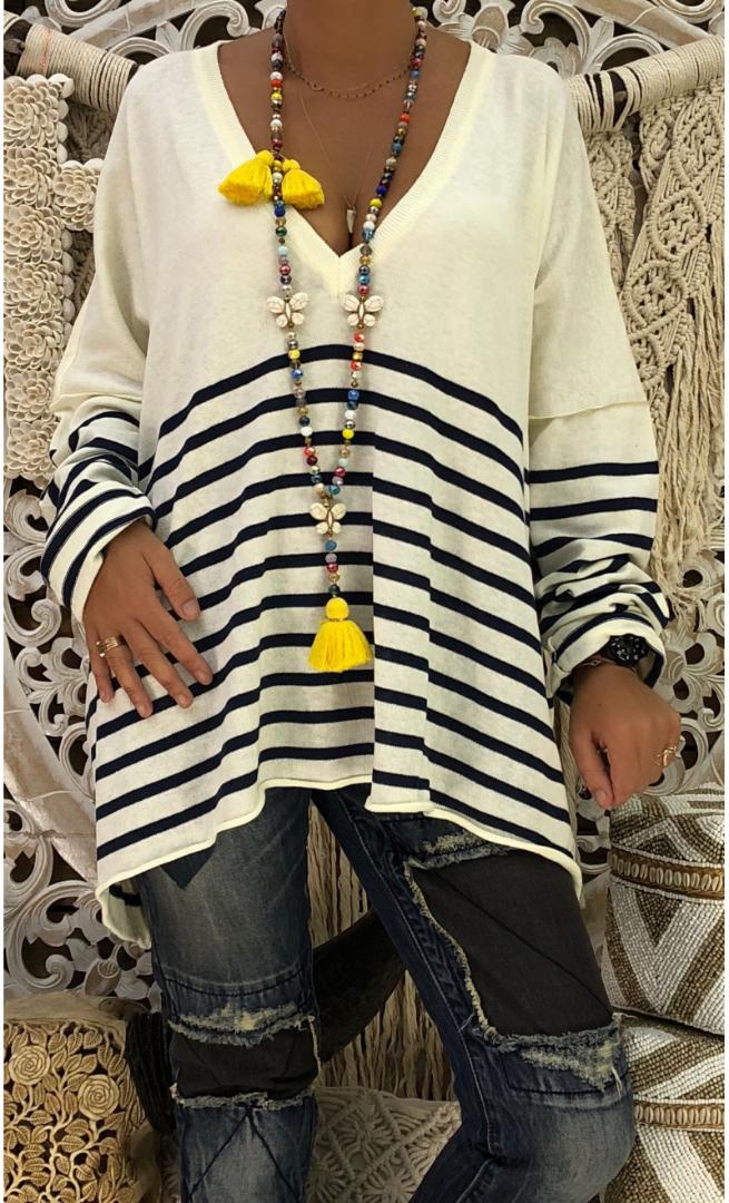 

Autumn And Winter Fashion Women Sweaters printed striped V-neck Long-sleeved Blouse Sweater Knitwear, Black