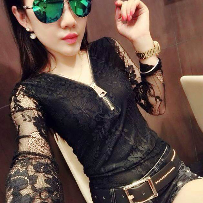 

New Womens Blouse Shirt Zipper V-neck Black Sexy Casual Long Sleeve Lace Blusas Under Shirts Elastic Tops and Blouses Women, Y0205 mesh