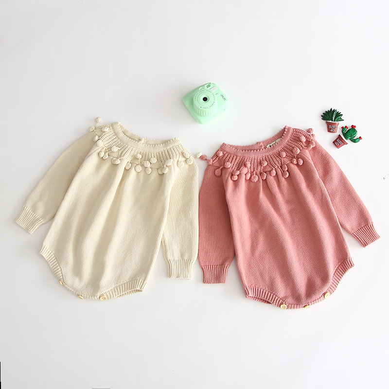 

Baby girl clothing romper 100% cotton Knitted Round Collar With Ball Design Solid Color romper girl Infant Spring Fall Romper Clothing, As picture