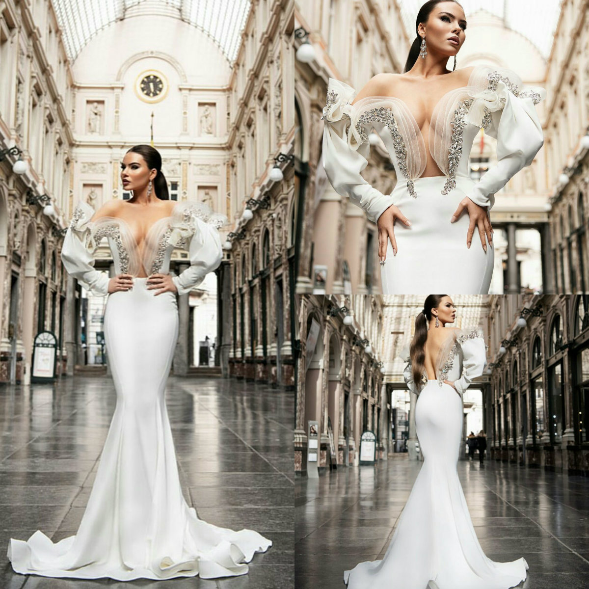 

2021 Mermaid Wedding Dresses Illusion Bodice Off Shoulder Long Sleeves Lace Beads Satin Bridal Gowns Sweep Train Beach Robe De Soiree, Pink