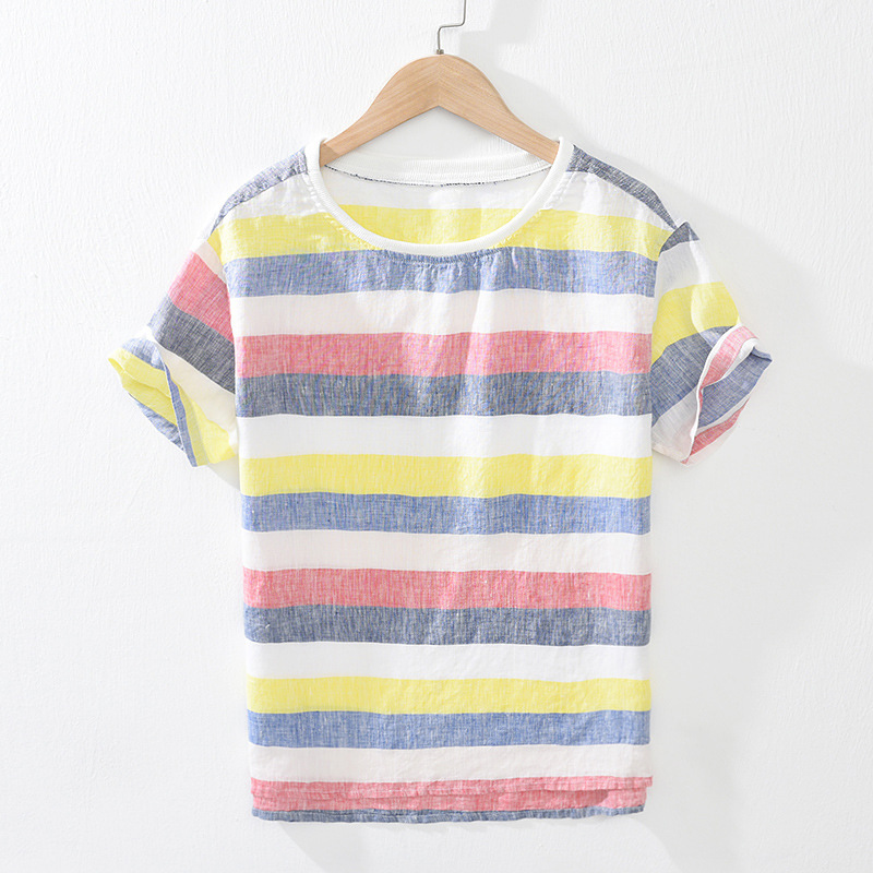 

Men Summer Japan Style Round Neck Candy Color Stripped Short Sleeve 100% Linen Slim Fit Casual Loose T-shirt Male Thin Top Tee, Blue