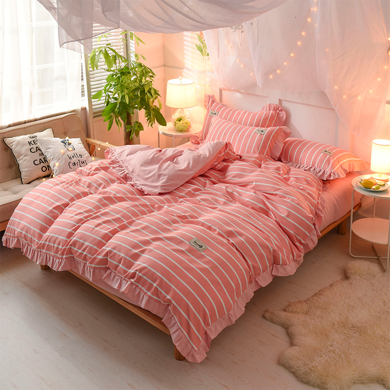 

Elegant Women Lady Home Cotton Bedding Set Lotus Leaf Lace Decor Duvet Cover Pillowcase Bed Sheet Multi Sizes Bedclothes Bed Set, Model 3