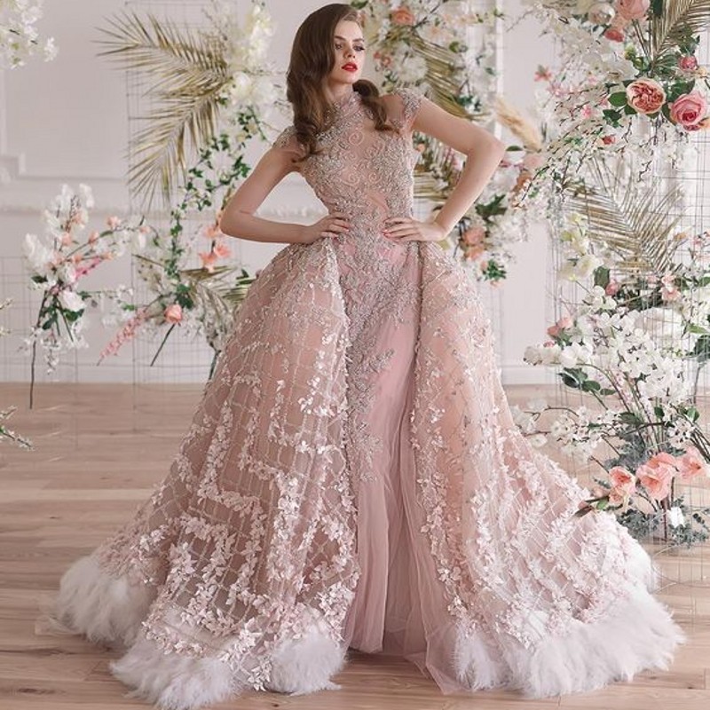 

Feathers Overskirts Prom Dresses With High Neck Lace Appliques Beads Pearls Mermaid Evening Dress Cap Sleeves Celebrity Dubai Party Vestidos, Sage