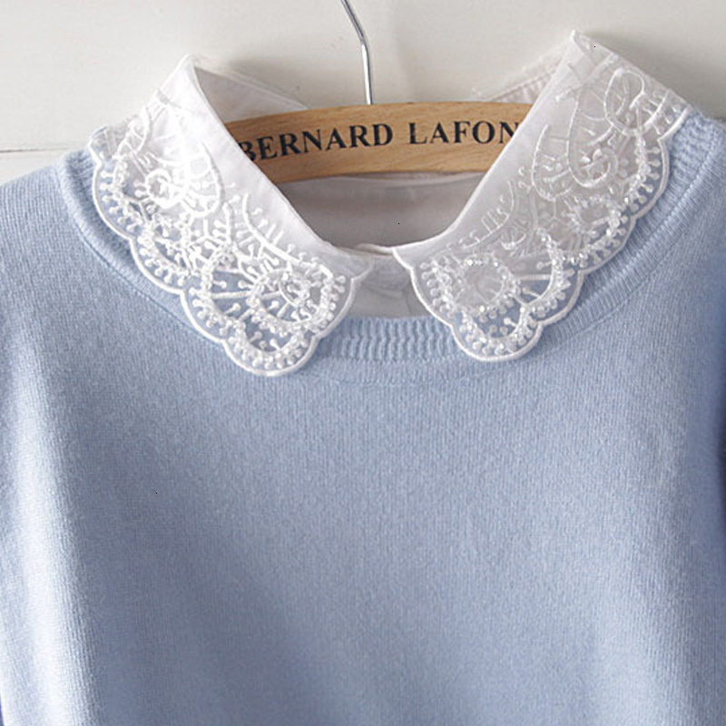

Lace Blouses Women Clothes Shirt Decorative Tie Hooded False Decorative Ladies New Fashion Handmade Lace Women All Match White Detachable, As picture