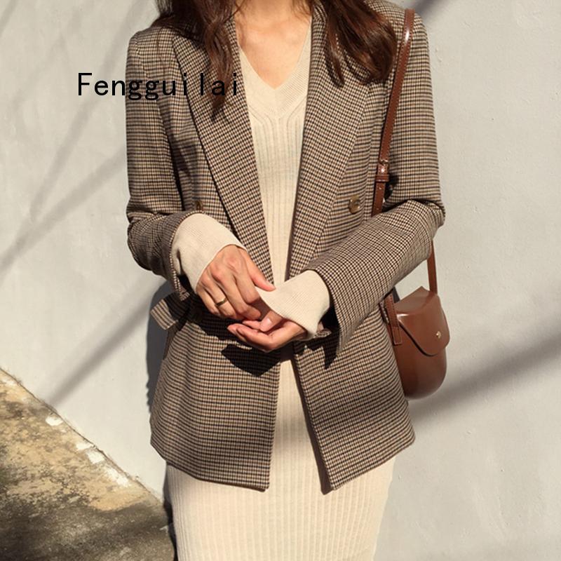 

Vintage Double Breasted Office Ladies Plaid Blazer Long Sleeve Loose Houndstooth Suit Coat Jacket Women blazers Female 2020, Brown