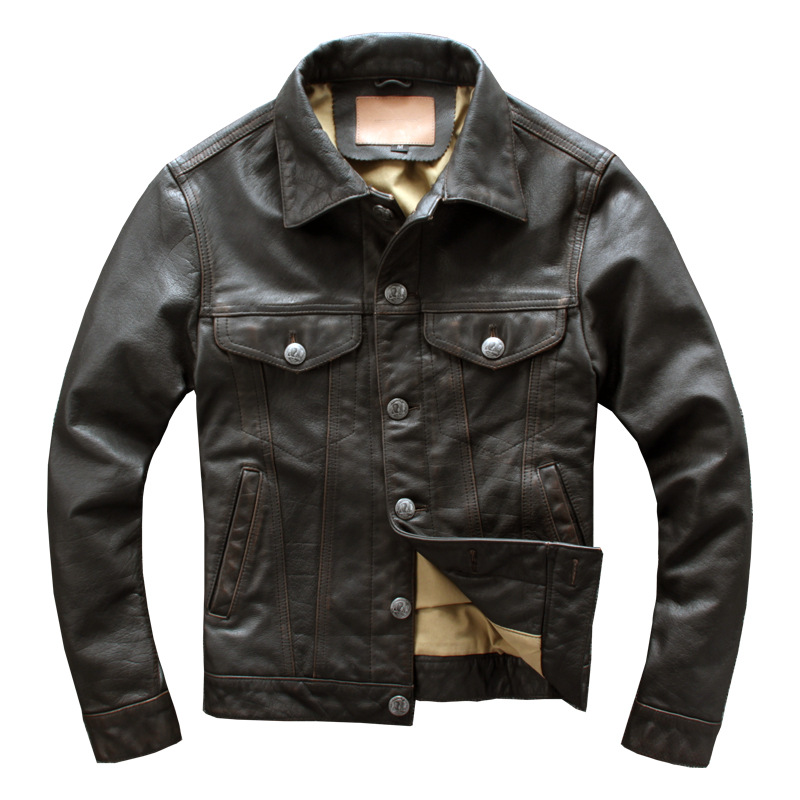 

Seveyfan Vintage Real Cowhide Leather Jacket Men's Slim Motorcycle Biker Genuine Leather Jacket for Male Plus Size 4XL R3053, Dark brown