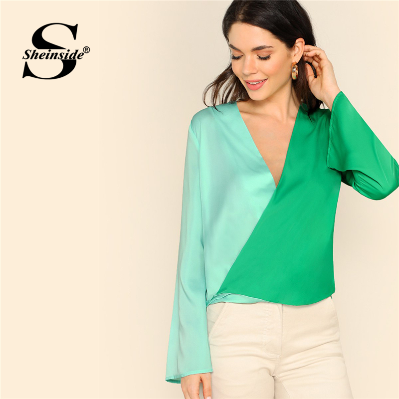 

Women's Blouses & Shirts Sheinside Green Deep V Neck Color-block Wrap Top Women Elegant Blouse 2021 Flounce Sleeve Two Tone Womens Tops And